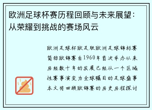 欧洲足球杯赛历程回顾与未来展望：从荣耀到挑战的赛场风云