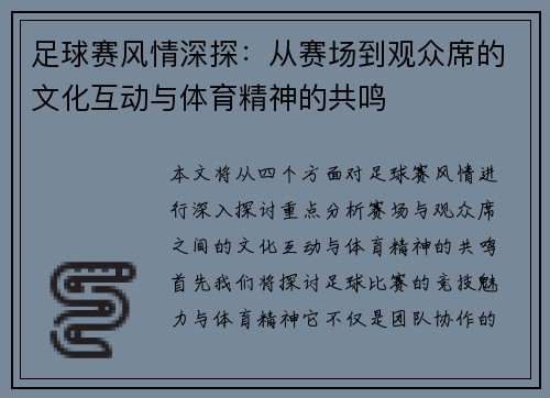 足球赛风情深探：从赛场到观众席的文化互动与体育精神的共鸣