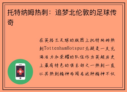 托特纳姆热刺：追梦北伦敦的足球传奇